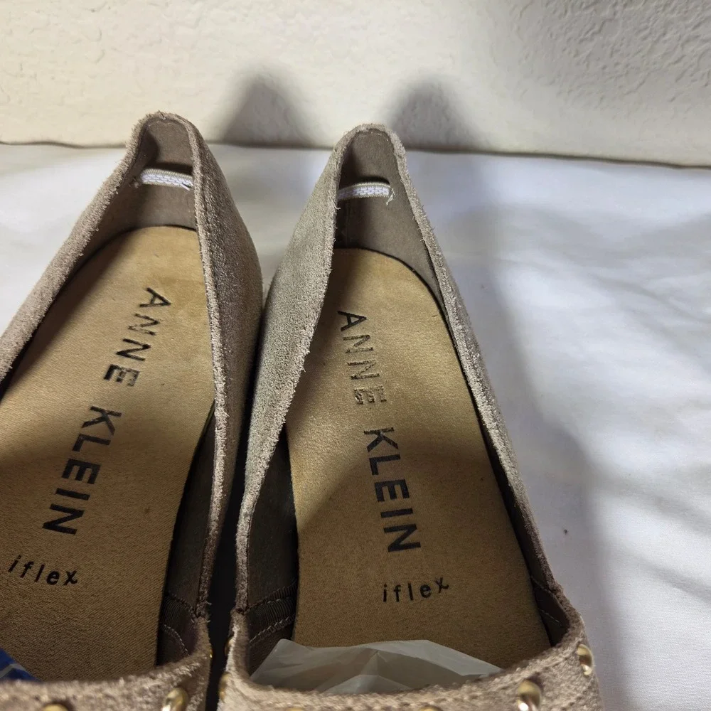 Anne Klein iFlex Suede Espadrille Flats Taupe Studded Slip On Shoes S1647